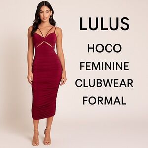 NEW Lulus Woman's Sz XS Berry Ruched Cutout Bodycon Midi Dress HOCO Party Formal